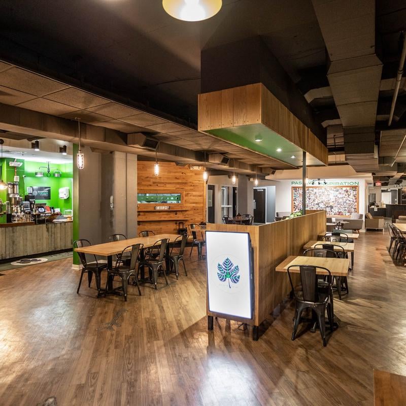 Black Leaf Café interior shot with wooden floors and green accent decor