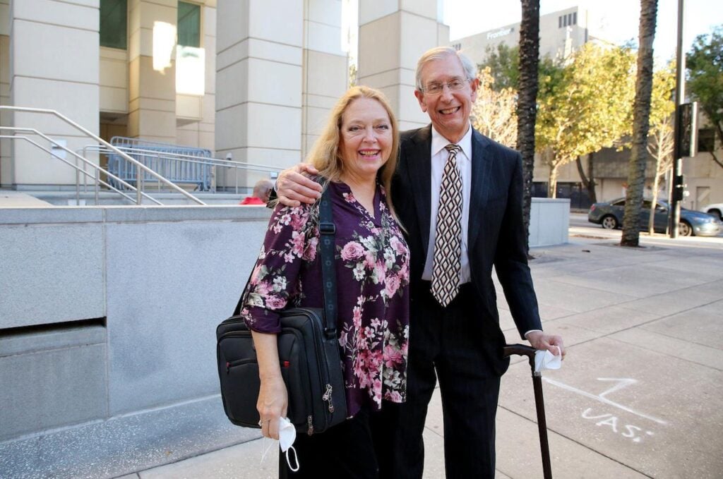 Carole and Howard Baskin stood together outside a courthouse