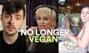 A thumbnail saying "no longer vegan" with photos of Cosmic Skeptic, Mley Cyrus, and Yovana Mendoza Ayres