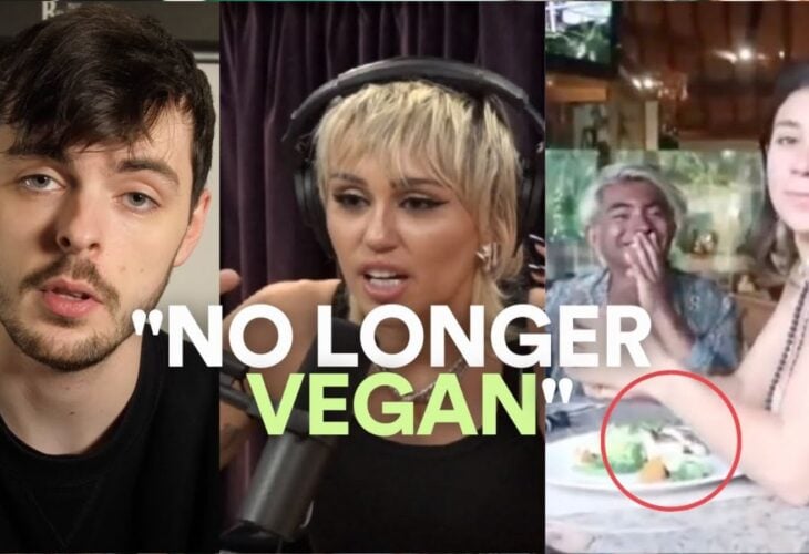 A thumbnail saying "no longer vegan" with photos of Cosmic Skeptic, Mley Cyrus, and Yovana Mendoza Ayres
