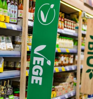 Vegan food and plant-based products on a shelf in a European supermarket