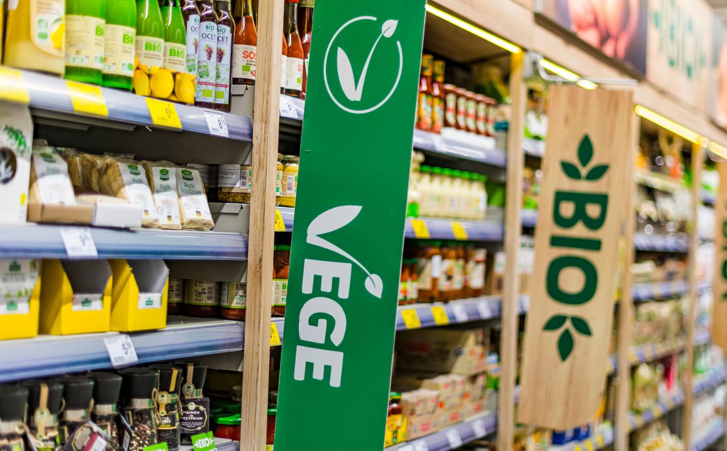 Vegan food and plant-based products on a shelf in a European supermarket