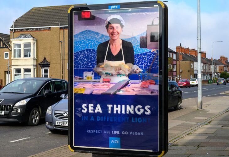 A PETA billboard showing a smiling fishmonger holding a dead fish, which turns into a dead cat