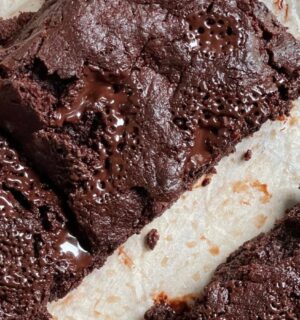 Flourless tahini vegan brownies on parchment paper