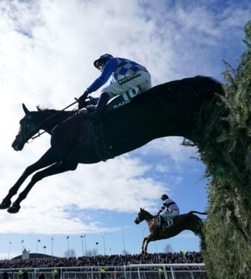 Envoye Special, who became the first horse to die at the Grand National 2023, jumping over a fence at the Aintree event