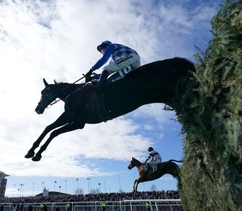 Envoye Special, who became the first horse to die at the Grand National 2023, jumping over a fence at the Aintree event