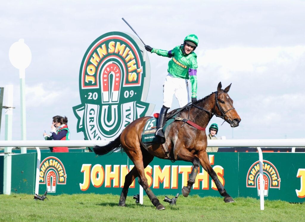A jockey raises their whip while riding a horse at the Grand National