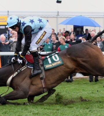 A horse falling over at the Grand National at Aintree, UK