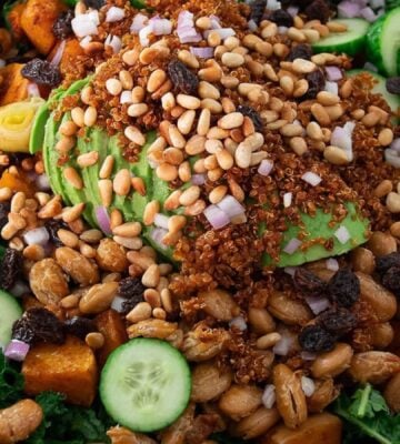 Warm pumpkin and kale vegan salad served in a large ceramic bowl, on a scenic recipe table with dressing on the side