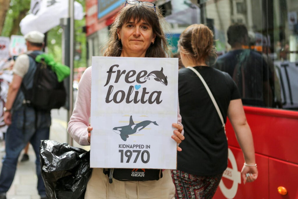 A campaigner holds up a sign that calls for Tokitae's (aka Lolita) freedom