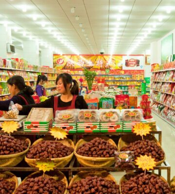 Plant-based food and other products on display at a supermarket in China, which now has a vegan certification program