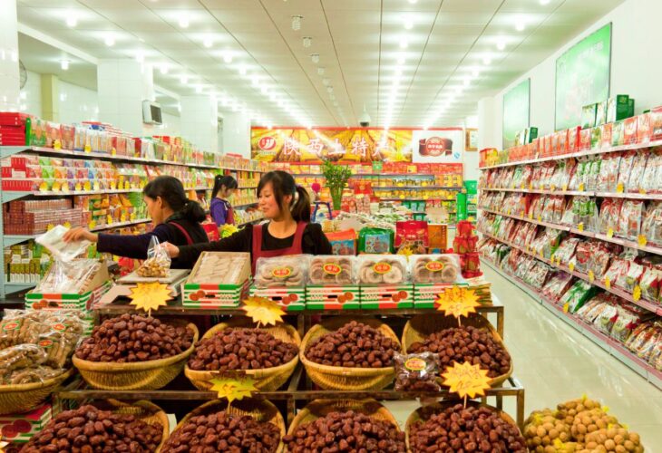 Plant-based food and other products on display at a supermarket in China, which now has a vegan certification program