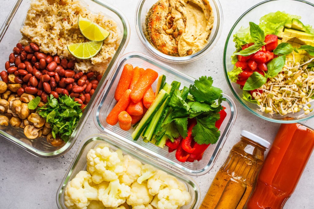 Healthy glass lunchboxes filled with plant-based food