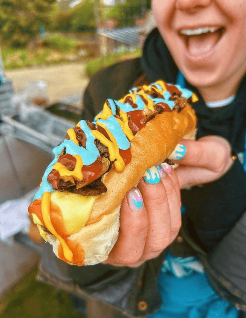 Vegan hot dog with blue secret sauce made by Vausages