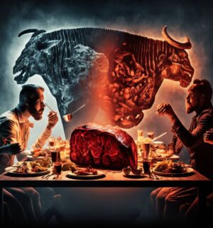 An abstract illustration of four people eating meat round the dinner table, with the outline of a cow in the background