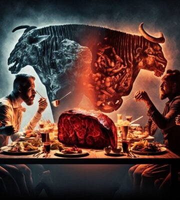An abstract illustration of four people eating meat round the dinner table, with the outline of a cow in the background
