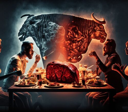 An abstract illustration of four people eating meat round the dinner table, with the outline of a cow in the background