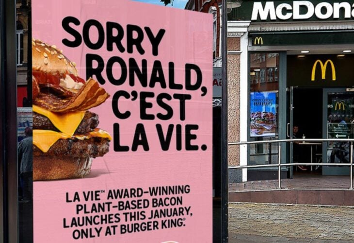 A Burger King advert promoting its La Vie vegan bacon burger with plant-based meat