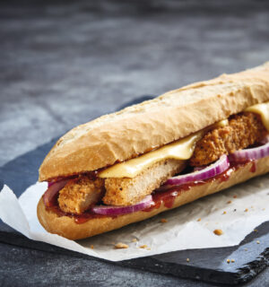 The Greggs Vegen Chicken-Free Baguette with dairy-free cheese