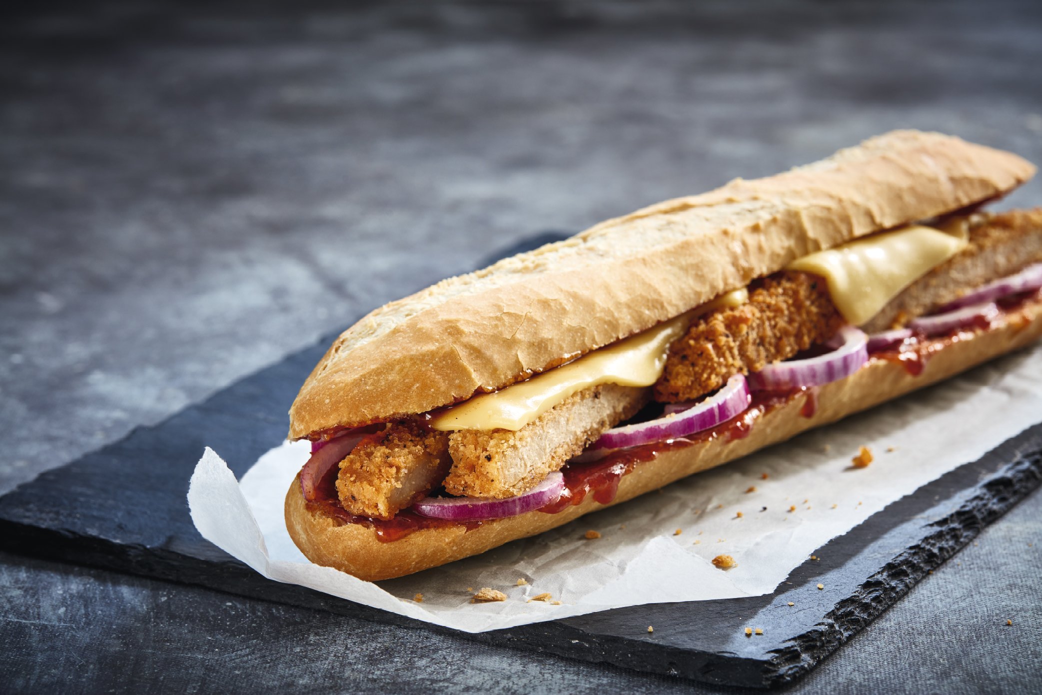The Greggs Vegen Chicken-Free Baguette with dairy-free cheese