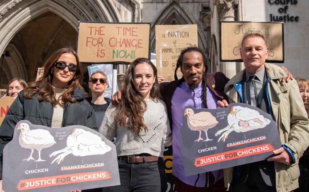 Lucy Watson, Benjamin Zephaniah, and Chris Packham stand outside High Court with signs reading: "Justice for Chickens"