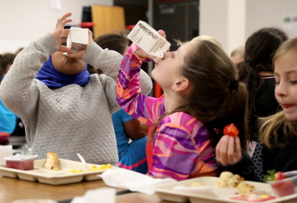 Two children drinking cow's milk in the cafeteria at a US school