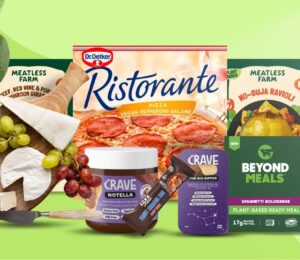 A selection of newly-released vegan food products from the UK, including pasta, cheese, chocolate, and pizza