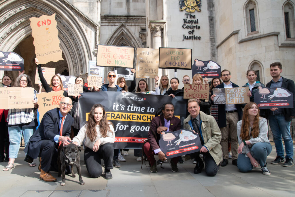 Campaigners outside court holding up signs saying "justice for chickens"