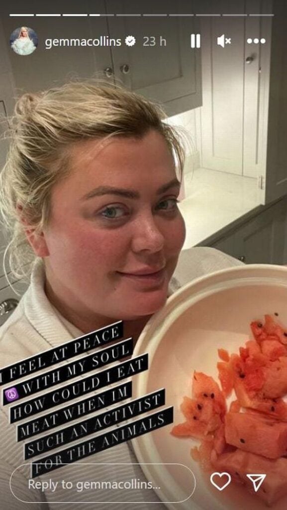 A selfie of vegetarian celebrity Gemma Collins alongside a caption stating that she has given up meat