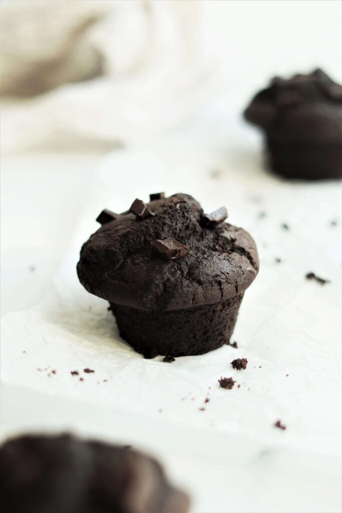 Freshly baked vegan chocolate espresso muffins on a white backdrop