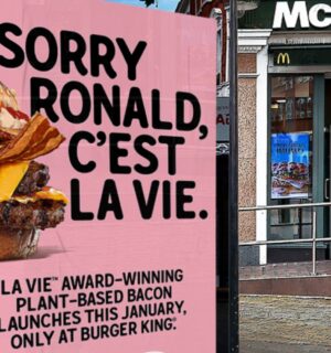 A LA VIE bus stop advert outside McDonald's with the words: "Sorry Ronald, C'est La Vie" written next to a plant-based burger
