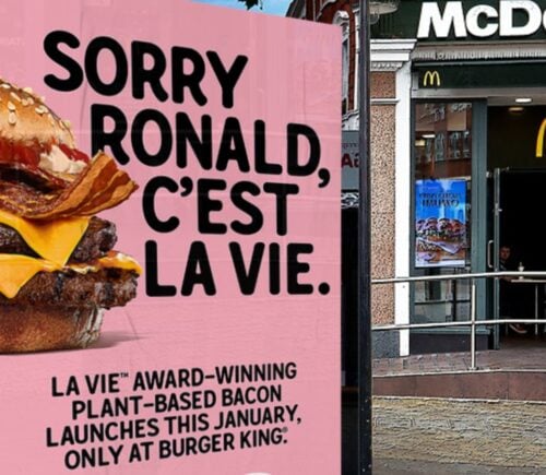 A LA VIE bus stop advert outside McDonald's with the words: "Sorry Ronald, C'est La Vie" written next to a plant-based burger