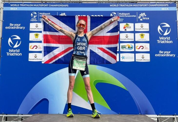 Vegan athlete, runner and cyclist Lisa Gawthorne, stood on the podium where she was crowned world duathlon champion