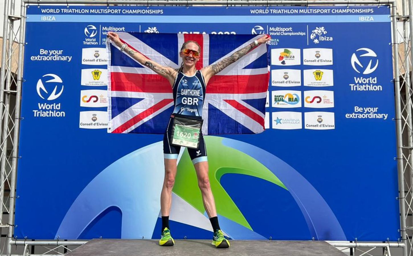 Vegan athlete, runner and cyclist Lisa Gawthorne, stood on the podium where she was crowned world duathlon champion