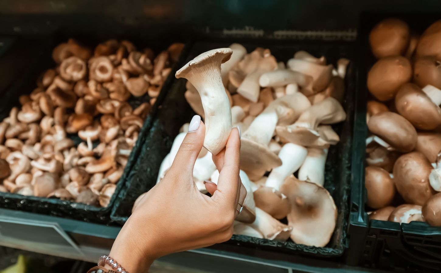 A person in a grocery store holds a king oyster mushroom, which have been growingly popular