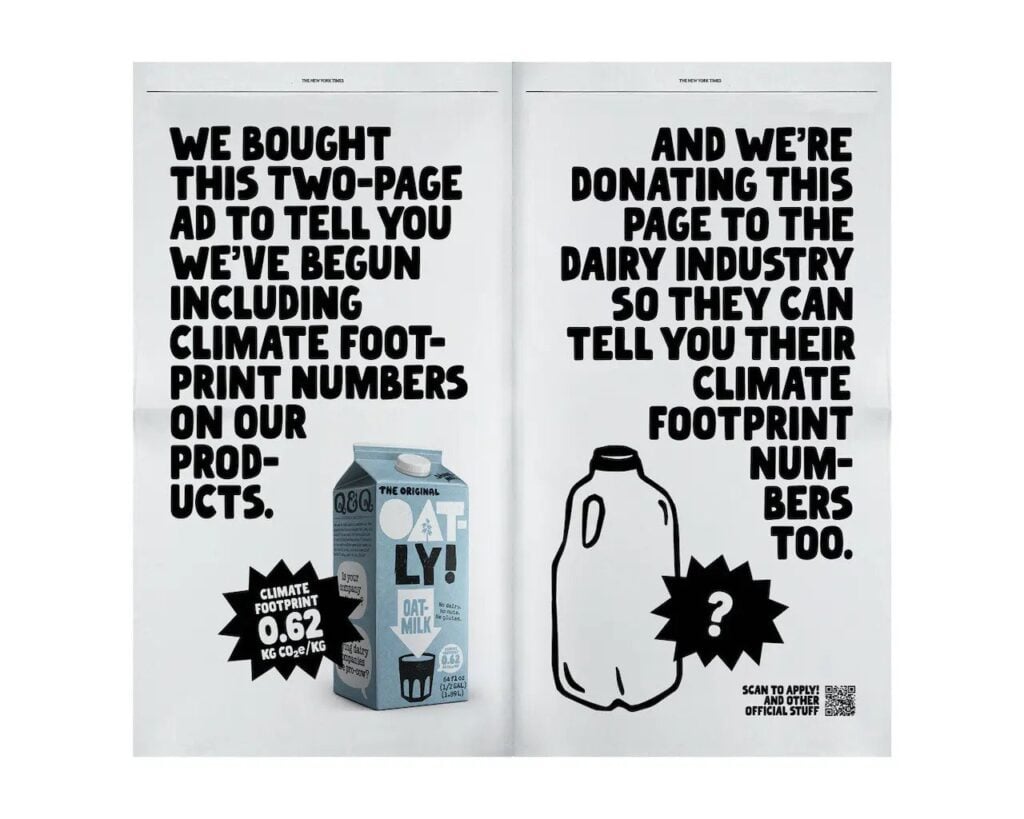 One of Oatly's impact-revealing adverts with a spare space for the dairy industry's figures
