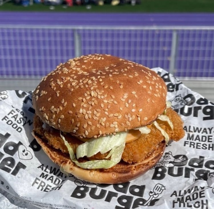 A vegan Odd Burger ChickUn Cordon Bleu sandwich