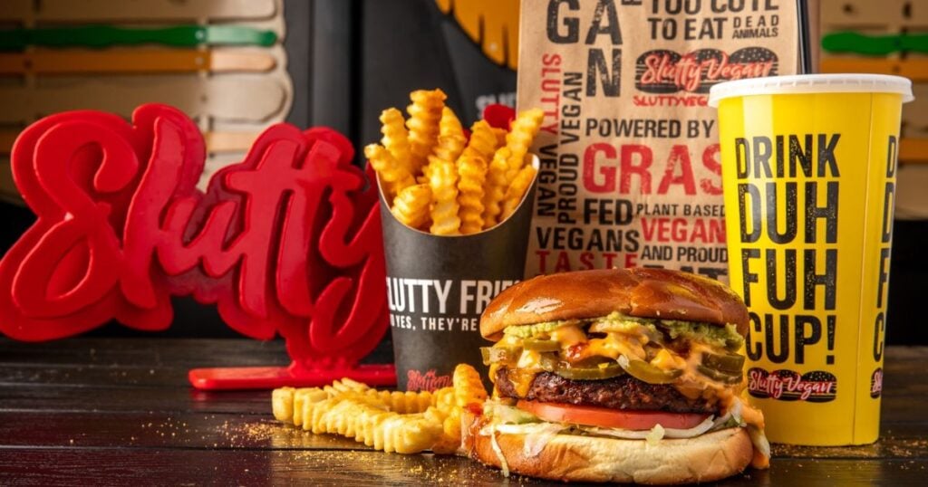 A plant-based burger, fries, and drink made by Slutty Vegan, just named one of Yelp's favorite burger chains