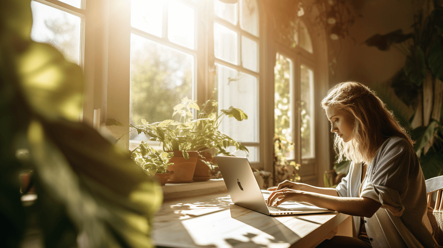 A vegan writer typing an article on a laptop, surrounded by plants with sun streaming into the windows