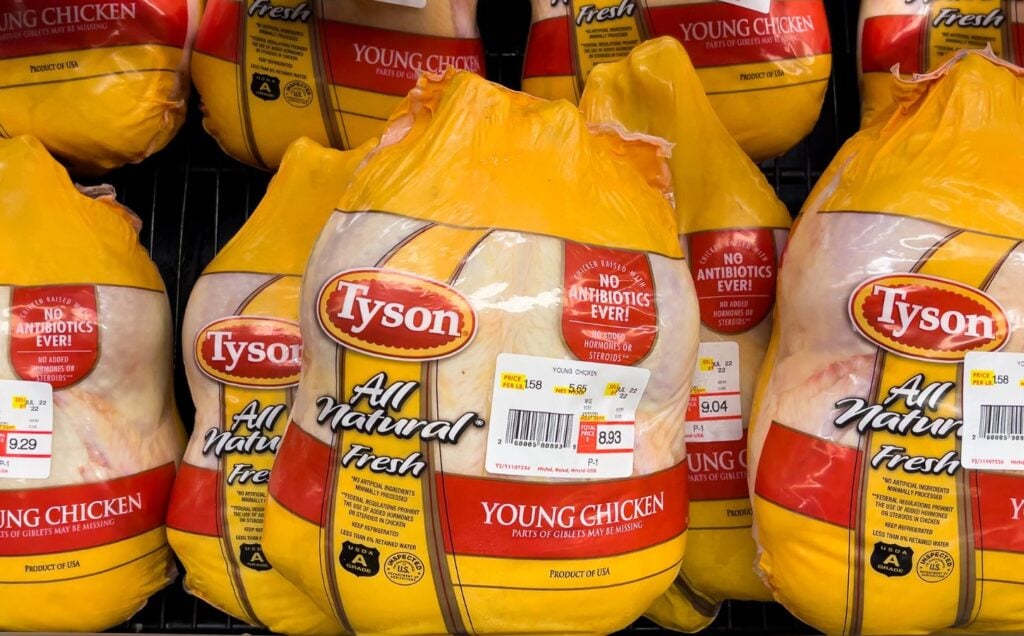 Packets of chicken from Tyson Foods at an American supermarket