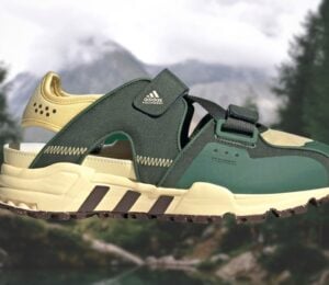 Adidas' new vegan Plant and Grow sandals, on a background depicting the outdoors and nature