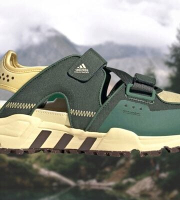 Adidas' new vegan Plant and Grow sandals, on a background depicting the outdoors and nature