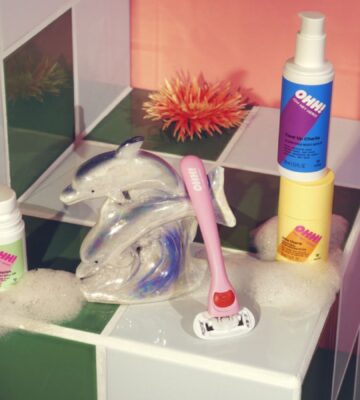 The new OOH! vegan beauty line from H&M shown in a bathroom setting with kitsch accessories