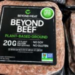 Vegan Beyond beef packet on a supermarket shelf containing plant-based ground meat from Beyond Meat