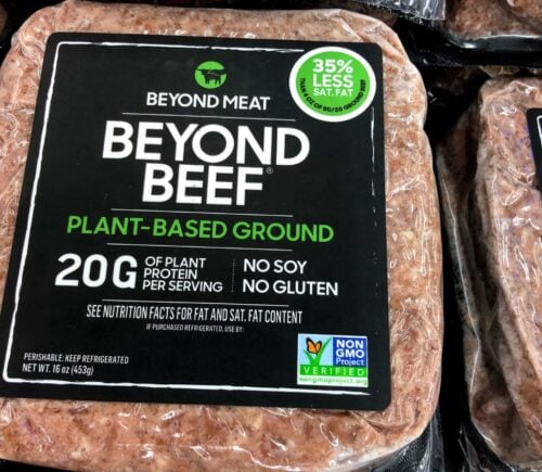 Vegan Beyond beef packet on a supermarket shelf containing plant-based ground meat from Beyond Meat
