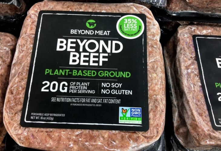 Vegan Beyond beef packet on a supermarket shelf containing plant-based ground meat from Beyond Meat