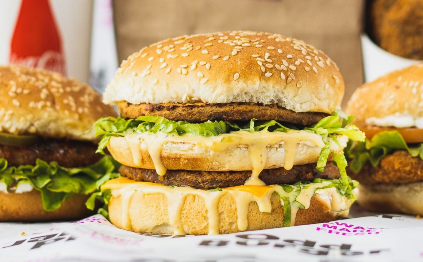 A vegan Famous Burger, a plant-based version of McDonald's Big Mac, made by fast-food chain Odd Burger