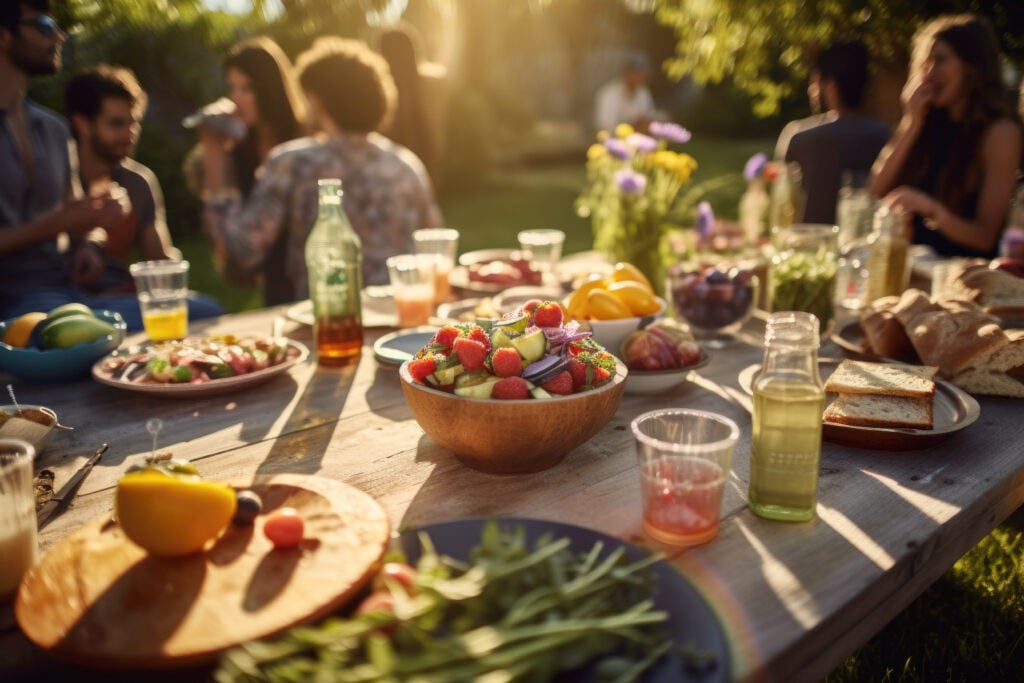 An outside table full of vegan and vegetarian food at a BBQ