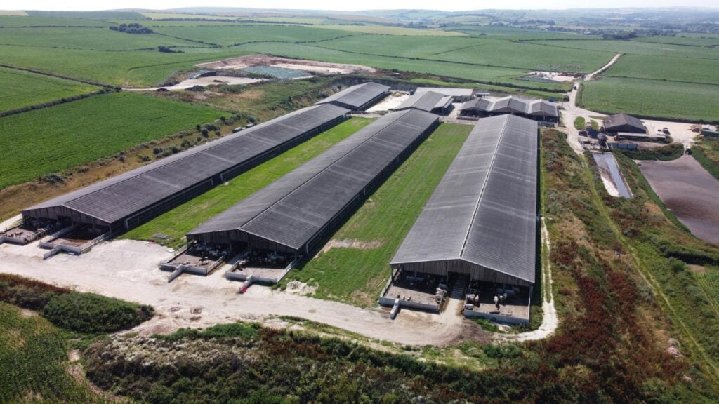 An aerial shot of a large zero grazing dairy farm, complete with three huge sheds