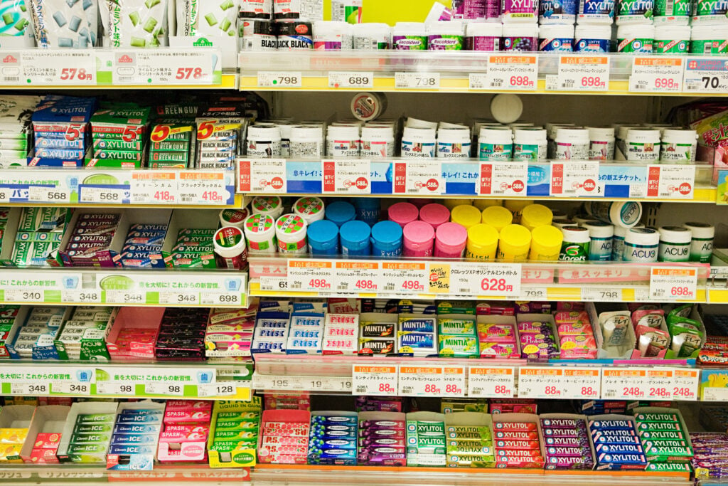 A supermarket shelf full of vegan-friendly chewing gum